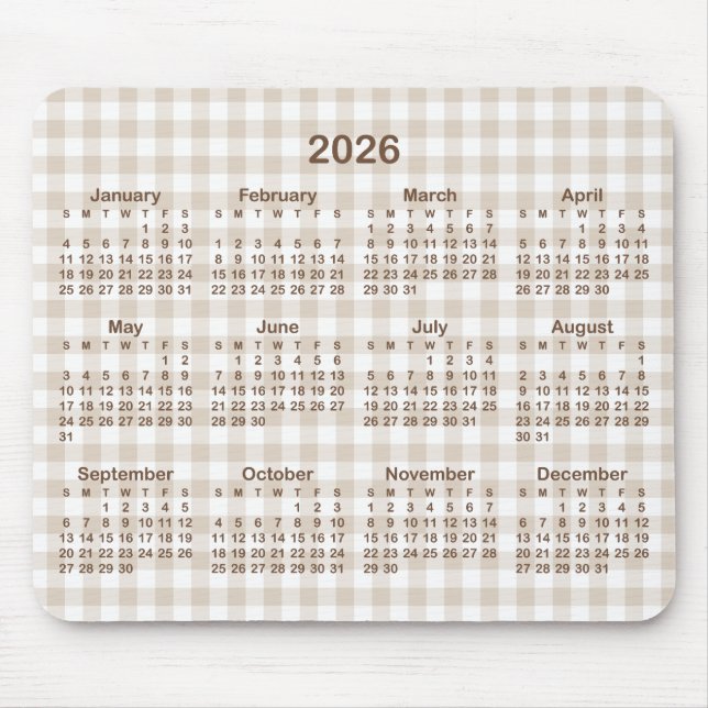 Tapis De Souris Beige Gingham Plaid Brown 2026 Calendar (Devant)
