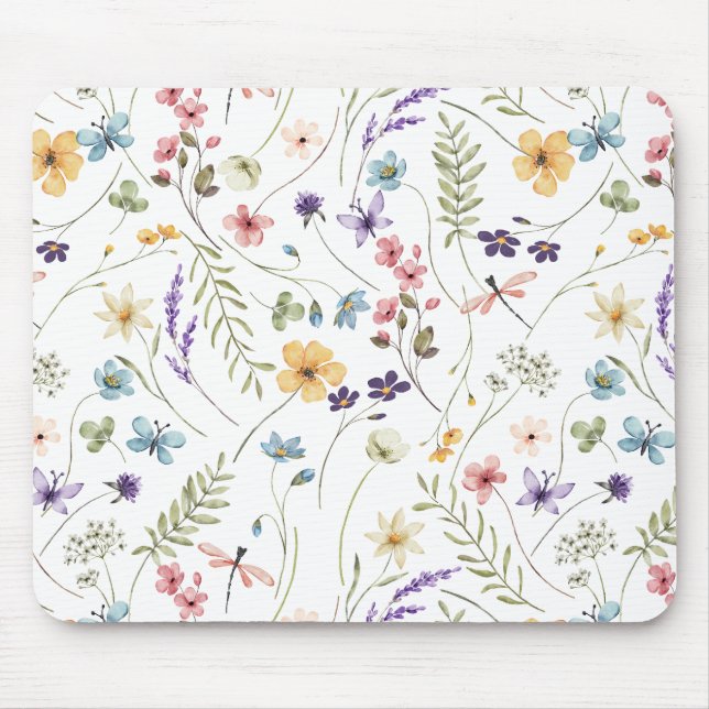 Tapis De Souris Belle aquarelle Fleurs et papillons (Devant)