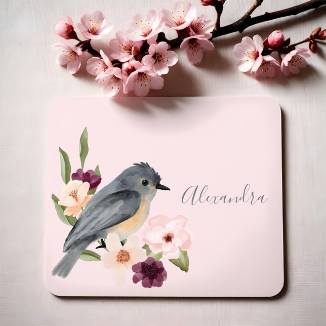 Tapis De Souris Belle Bohème Style Aquarelle Oiseau & Branche (Beautiful Bohemian Style Watercolor Bird & Branch Mouse Pad)