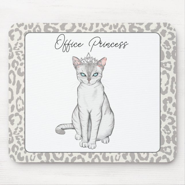 Tapis De Souris Belle Chat Blanc avec Princesse Couronne Mousepad (Devant)