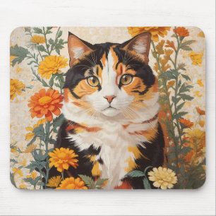 Tapis De Souris Belle Chat Calico Avec Fleurs Marigold