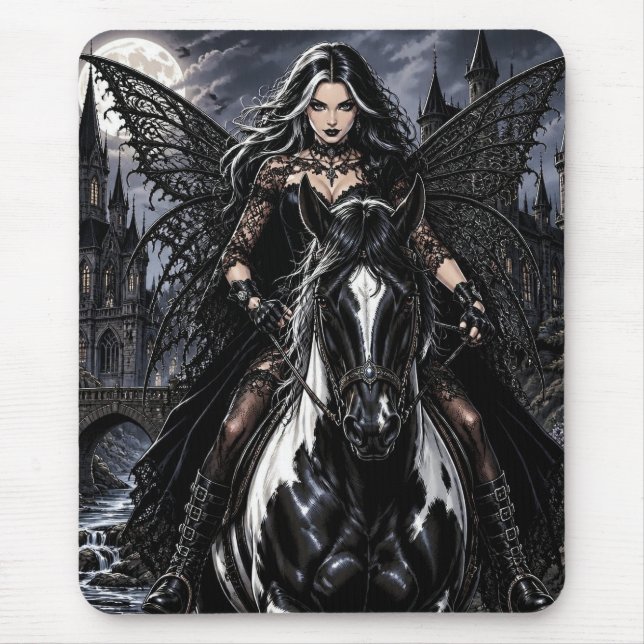 Tapis De Souris Belle Fée Gothique sur Cheval Noir  (Devant)