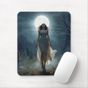 Tapis De Souris Belle femme marchant dans un cimetière éclairé par