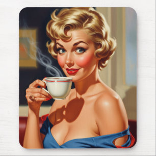 Tapis De Souris Belle femme rétro avec une tasse de café