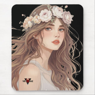 Tapis De Souris Belle Fille Anime Florale – Esthétique Pastel Douc
