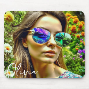 Tapis De Souris Belle fille avec lunettes de soleil Fleurs de réfl