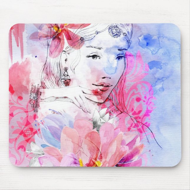 Tapis De Souris Belle fille avec un bouquet des fleurs (Devant)