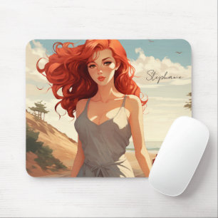 Tapis De Souris Belle Fille En Rouge À La Plage