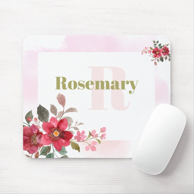 Tapis De Souris Belle Flore rouge avec Monogramme de bordure rose (Avec souris)