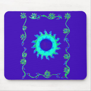 Tapis De Souris Belle peinture artistique florale iridescente bleu
