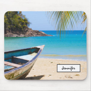 Tapis De Souris Belle plage tropicale avec bateau à rames