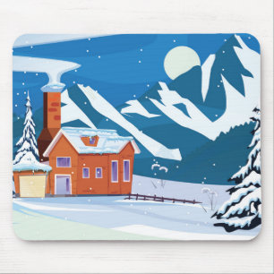 Tapis De Souris Belle scène d'hiver remplie de neige avec Cabine