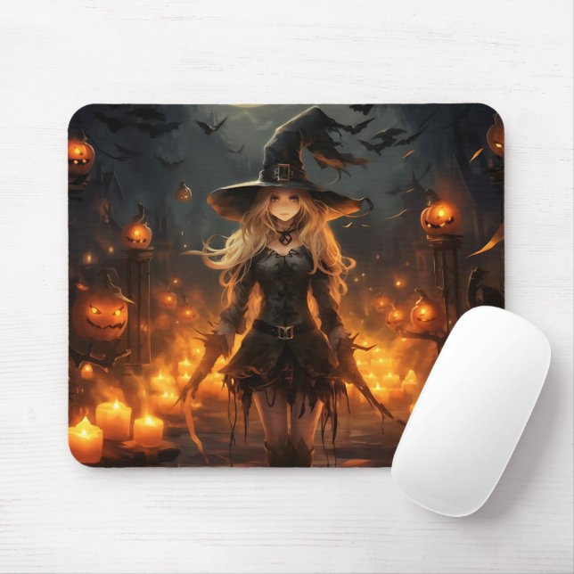Tapis De Souris Belle sorcière Halloween Citrouilles de nuit (Avec souris)