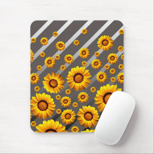 Tapis De Souris Belles fleurs jaunes sur gris, rayures argentées