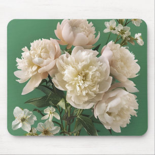 Tapis De Souris Belles pivoines blanches et roses sur fond vert