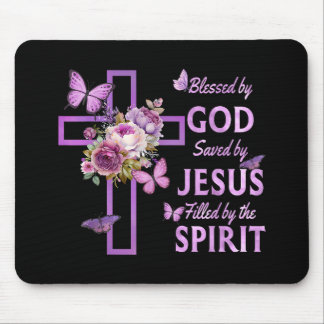 Tapis De Souris Béni par Dieu sauvé par Jésus Croix Florale pourpr