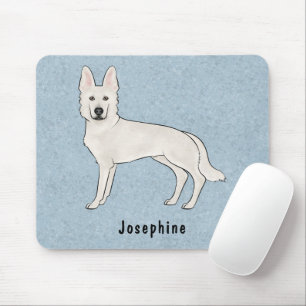 Tapis De Souris Berger Suisse Blanc Chien GSD Blanc Avec Nom Bleu