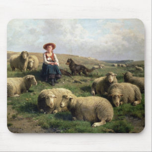 Tapis De Souris Bergère avec des moutons dans un paysage
