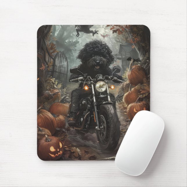 Tapis De Souris Bernedoodle à moto Halloween effrayant (Avec souris)