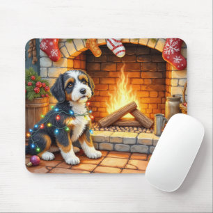 Tapis De Souris Bernedoodle Cheminée avec Lumières de Noël