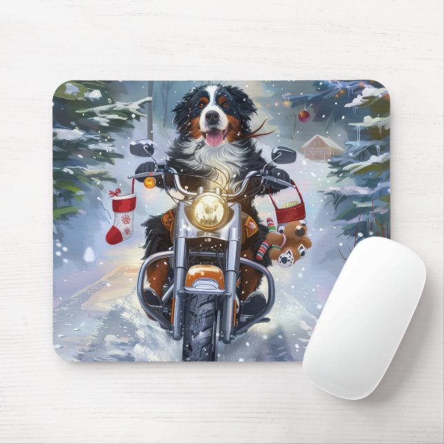 Tapis De Souris Bernese Mountain Dog équitation Moto Noël (Avec souris)
