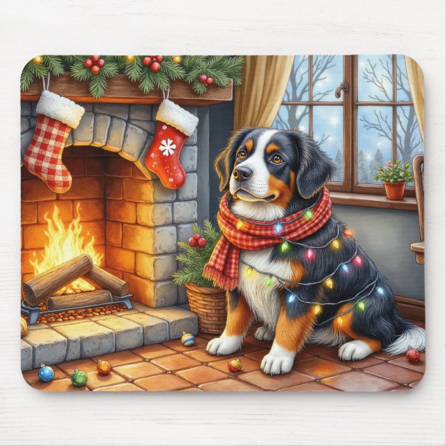 Tapis De Souris Bernese Mountain Fireplace with Christmas Lights (Devant)