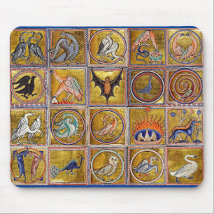 TAPIS DE SOURIS BESTIAIRE MÉDIÉVAL, ANIMAUX FANTASTIQUES, ROUGE D'