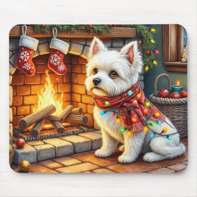 Tapis De Souris Bichon Frise Fireplace with Christmas Lights (Devant)