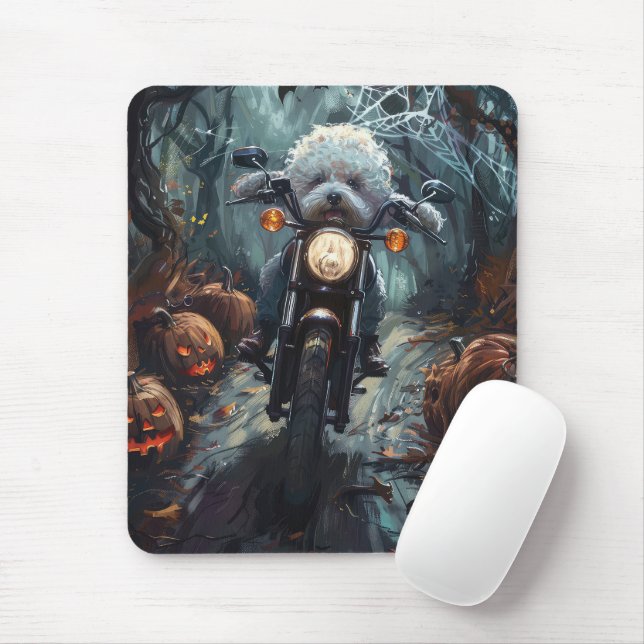 Tapis De Souris Bichon Frise Riding Moto Halloween Scandale (Avec souris)