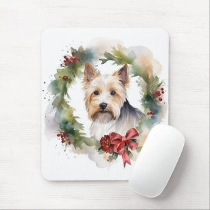 Tapis De Souris Biewer Terrier Noël Wreath Festive Pup