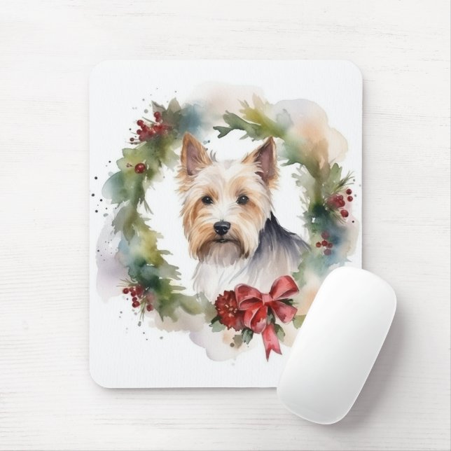 Tapis De Souris Biewer Terrier Noël Wreath Festive Pup (Avec souris)