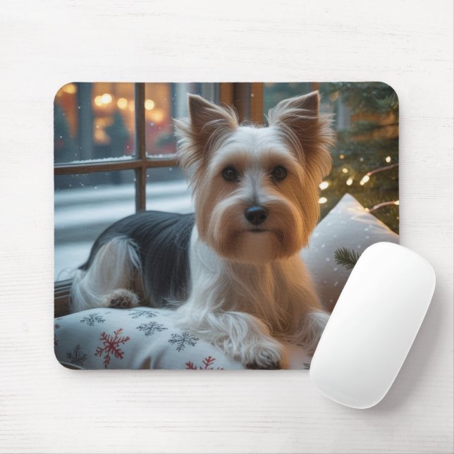 Tapis De Souris Biewer Terrier With Christmas Lights Holiday (Avec souris)