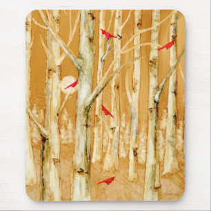 Tapis De Souris Birch Trees Red Cardinals