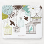 Tapis De Souris Birdcages vintages Floral Personnalisé Mousepad<br><div class="desc">Bousepad fleuri personnalisable avec illustrations de fleurs,  d'oiseaux de l'amour et de cages vintages d'oiseaux.</div>