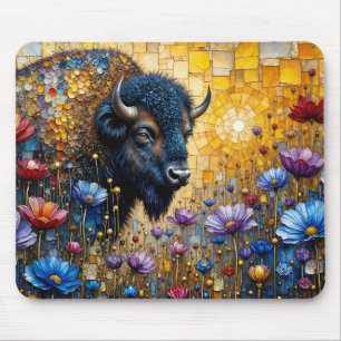 Tapis De Souris Bison Américain Paré de Bijoux dans les Fleurs