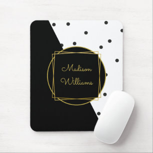 Tapis De Souris Black and White Chic Polka Dots with Name