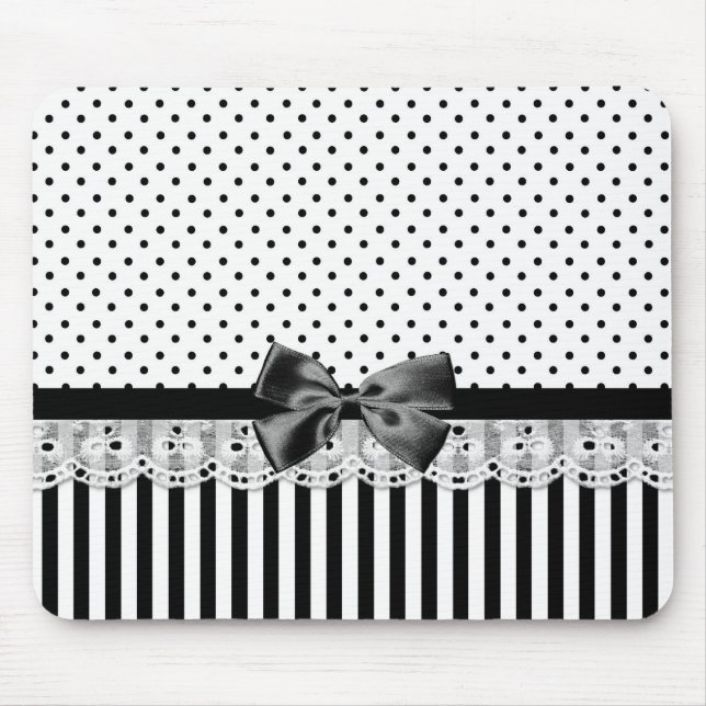 Tapis De Souris Black and White Victorian Stripes with Bow (Devant)