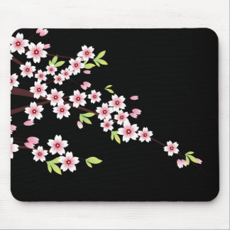 Tapis De Souris Black avec rose et vert cerisier en fleurs Sakura