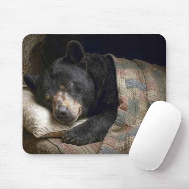 Tapis De Souris Black Bear Sleeping Under a Quilt (Avec souris)