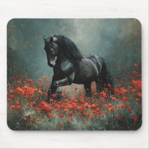 Tapis De Souris Black Friesian Stallion Red Poppies