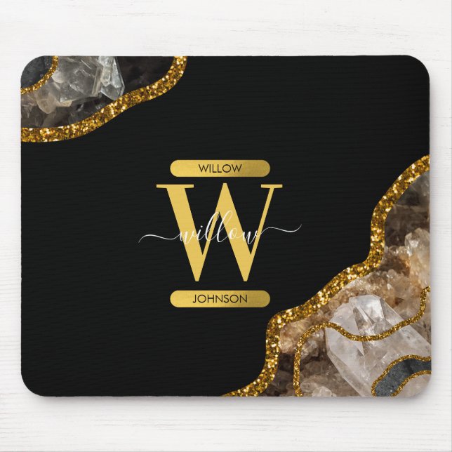 Tapis De Souris Black & Gold Agate Geode Glitter Monogram (Devant)