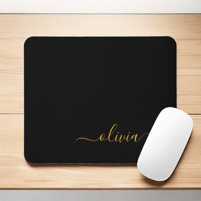 Tapis De Souris Black Gold Girly Script Monogram Name Modern (Créateur téléchargé)