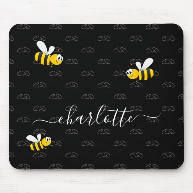 Tapis De Souris Black happy bumble abeilles été fun humour monogra (Devant)