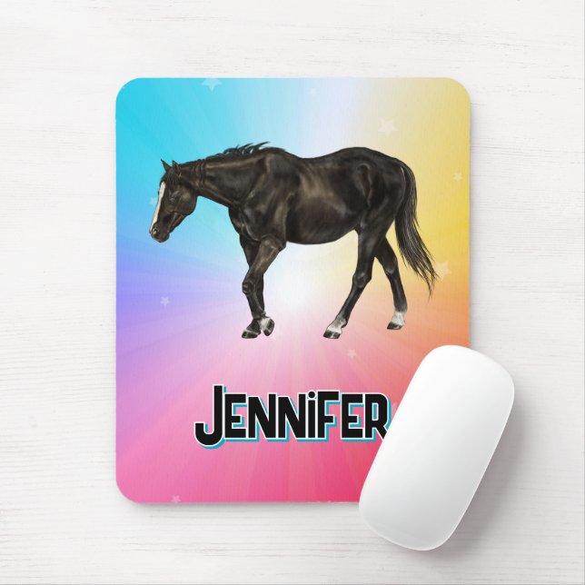 Tapis De Souris Black Horse Rainbow Pastel Whimsical Equestrio (Avec souris)