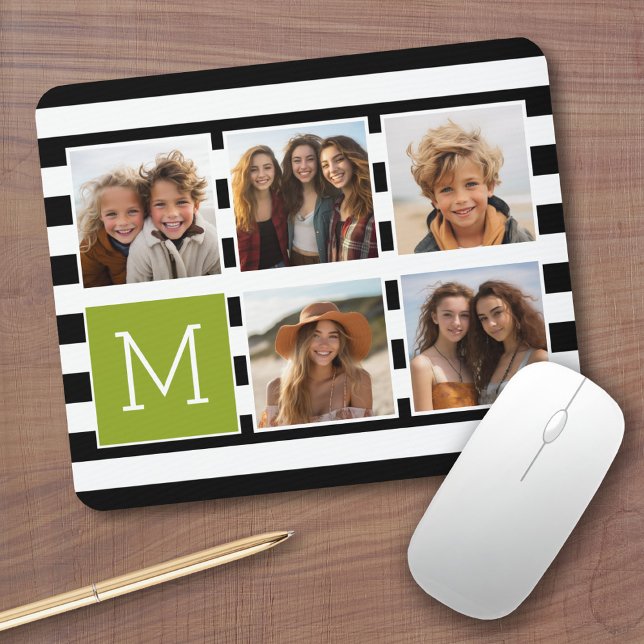 Tapis De Souris Black Lime Striped Photo Collage Custom Monogram (Personalized mousepad - Add Photos and Custom Text)