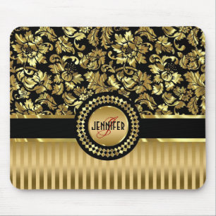 Tapis De Souris Black & Metallic Gold Floral Damas & Stripes