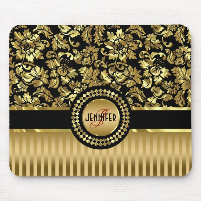 Tapis De Souris Black & Metallic Gold Floral Damas & Stripes (Devant)