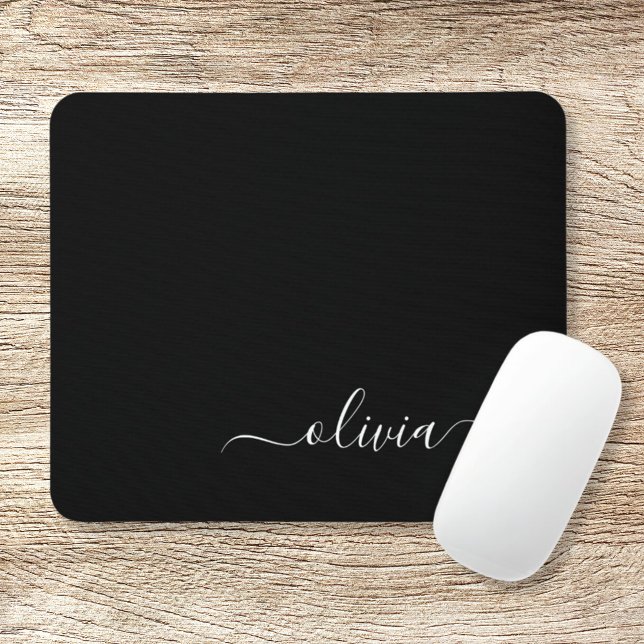 Tapis De Souris Black White Girly Script Monogram Name Modern (Créateur téléchargé)
