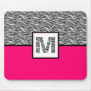 Tapis De Souris Black & White Zebra Print Monogram   Hot Pink