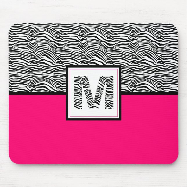 Tapis De Souris Black & White Zebra Print Monogram | Hot Pink (Devant)